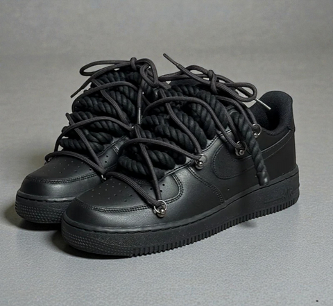 Triple Black Nike Air Force 1 with double-layered 1.0 black cotton rope laces for a deconstructed look