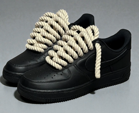 Custom Black AF1 featuring 1.0 cream 100% cotton rope laces for a premium vintage-inspired aesthetic.