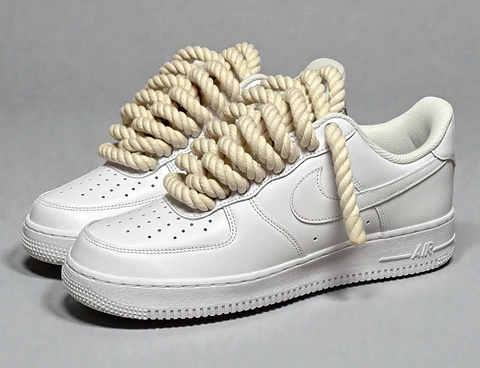 1.0 off-white cotton rope laces on a White Nike Air Force 1, creating a vintage-inspired custom aesthetic