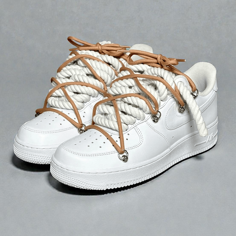 Custom White AF1 using 1.0 white cotton rope laces for the base and a honey brown Off-White style overlay lace.