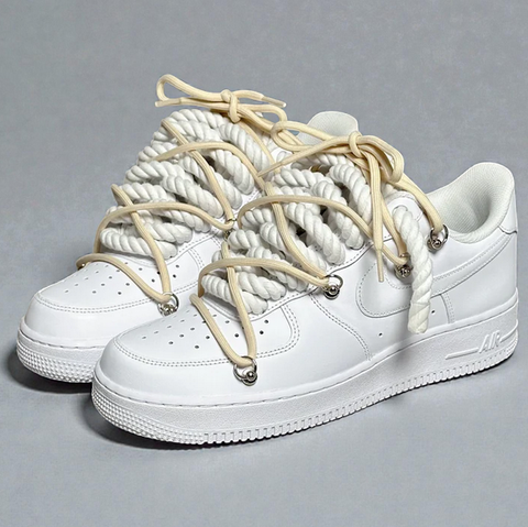 Tonal White Nike Air Force 1 with 1.0 white rope and an off-white flat lace double-layered design.