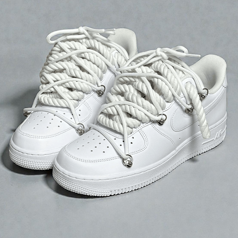 Triple White AF1 with a double-laced look: 1.0 white cotton rope laces as the base and a matching white Off-White style overlay.