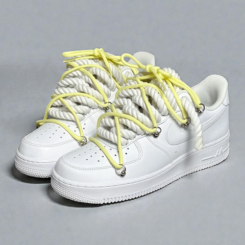 White Nike Air Force 1 featuring 1.0 white cotton rope laces as the base with a yellow Off-White style lace added as the overlay.