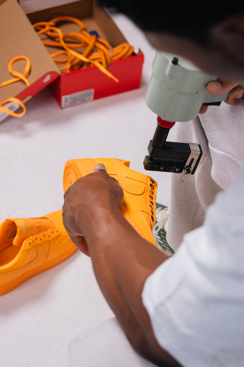 Detailed shot of behind the scene making of the AF1 rope lace custom