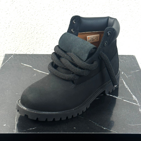 All black custom Timberland 6-inch boots featuring 2.0 upgraded black waterproof rope laces.