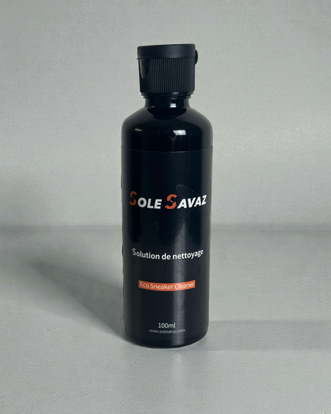 Close-up of the 30ml all-natural sneaker cleaning solution, capable of cleaning up to 25 pairs of shoes without harsh chemicals.