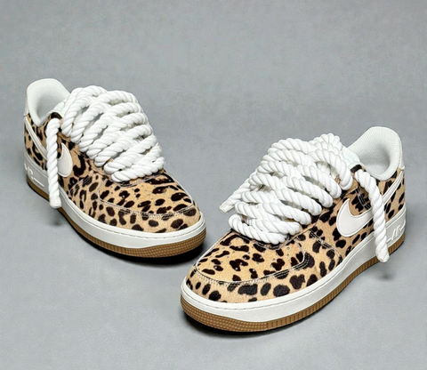 Frontal view of custom Leopard Print Air Force 1s highlighting the contrast of 1.0 100% cotton rope laces against the patterned upper.