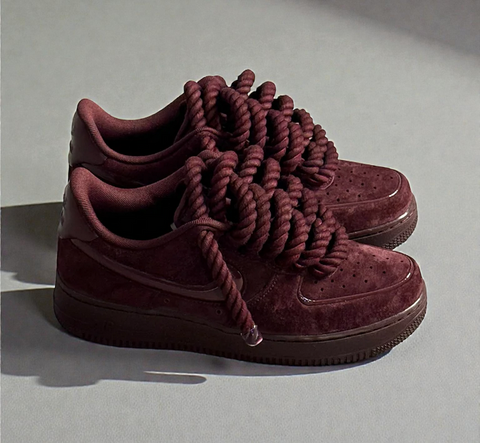 Side view of custom Burgundy Air Force 1s highlighting the thick texture of the 1.0 100% cotton rope laces.

