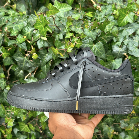 Triple Black AF1 custom with ultra midnight matte black swoosh and black Swarovski crystals.