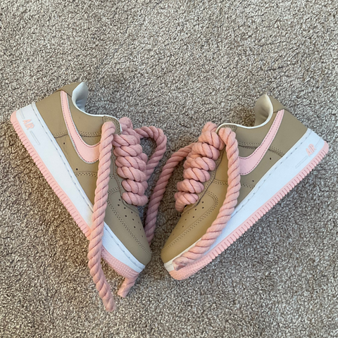 Close-up of 100% high-grade cotton rope lace in pastel pink on a custom beige Air Force 1
