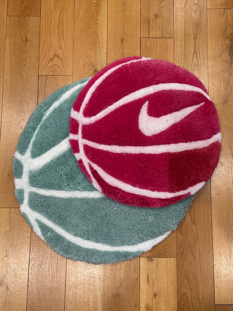 Top view showing the both tiffany blue & pink custom basketball carpet.