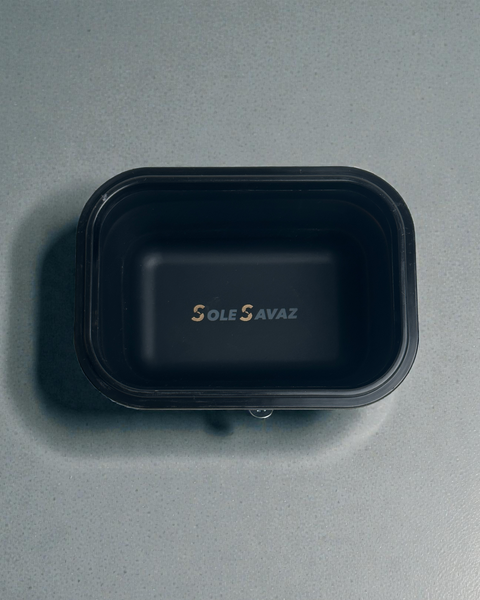 Top-down view of the collapsible silicone bowl in its fully extended 7cm height, ready for sneaker cleaning.